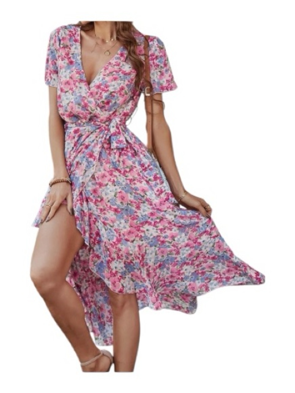 PrettyGarden Pink Floral High-Low Wrap Dress with Tie Waist - Picture 3 of 10